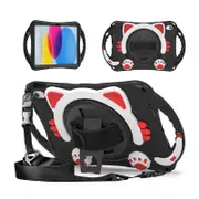 Cat Tablet Case For iPad 10th Rugged with Shoulder Strap-BlackRed