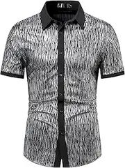 [Generic] Men's Shiny Metallic Sequin Short Sleeve 70s Party Costume Dress Shirts Dance Hip Hop Shirt Top