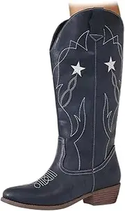 [ZJWBB] Mid Calf Cowboy Boots for Women Embroidery Pentagram Design Print Chunky Heel Booties Pull-on Pointed-Toe Retro Western Boots, Navy, 6.5