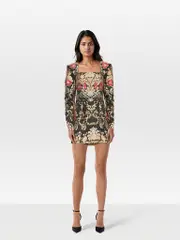 Black & Gold Floral Jacquard Dress
