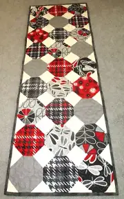 Hand Made Quilted Table Runner/ Topper / Mat ~Red, Gray & Black ~ 13.75" x 40"
