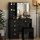 Black Vanity Table Set with Mirror Cushioned Stool Dressing Table and 6 Drawers