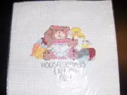 NEW completed cross stitch Housework Is Unbearable 4"X4"