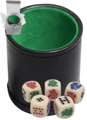 Poker Dice Rounded Corners Ivory + PU Leather Green Felt Lined Dice Cup Boxed