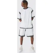 Mens White Tall Oversized Extended Neck Spray Wash T-shirt & Short Set