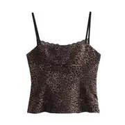 Scoop Neck Lace Trim Camisole Top Leopard - Brown - S