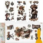 GLOBLELAND 3 Sheets Colourful Steampunk Lady Rub On Transfers Gear Woman Furniture Decoration Vintage Object Decals for Bedroom Living Room Desk Table Decoration