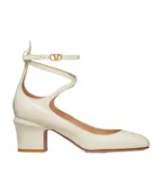 Valentino Tan-Go VLogo Plaque Block Heel Pumps 36.5 Light ivory white