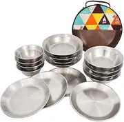 Gliron Stainless Steel Outdoor Tableware 16-Piece Set - Portable BBQ Bowls Dishes Kits With Storage Bag for Self-Driving, Hiking, Camping, and Outdoor Cooking