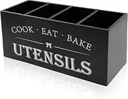 Wood Kitchen Utensil Holder, Removable Divider Wood Utensil Organizer with 4 Compartment Categorized Storage for Countertop(black)