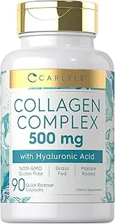 Collagen with Hyaluronic Acid 500mg | 90 Capsule Pills | Hydrolyzed Collagen Supplement | Non-GMO, Gluten Free | by Carlyle