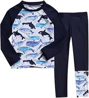 [Ikevan] Toddlers Fish Swimsuit Kids Boys Fir Surf Bathing Suit Kids Long Sleeve Swim Shirts Long Pants Two Pieces Set