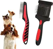 Pet Grooming Comb Set of 2- Double Sided Soft Flex Slicker Brush-Double Row Flea Comb- Professional Grade, Angled Stainless Steel Pins, Comfort Grip, Flexible Head