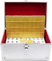 Mah Jong Golden Crystal Mahjong Tiles Home Rubbing Mahjong Chess and Card Mahjong 144 Pieces Aluminum Box (Color : Gold, Size : 2.9x3.9x1.7cm)