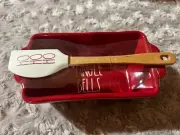 Rae Dunn Christmas Red Jingle Bells Mini Loaf Pan Dish w/Spatula Ho Ho Ho New