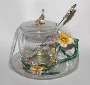 Beautiful Intricate 4-Pc Enamel Flowers Rhinestones Cup Lid Spoon & Saucer Set