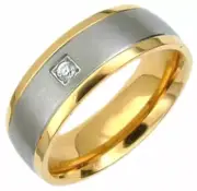 TITANIUM Matte Polished RING with Gold Plated Edges & Round CZ, size 8