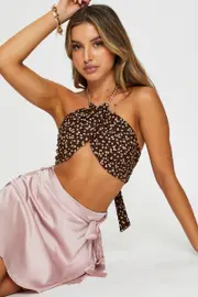 Print Crop Bralette Halter Tie Up - Size 14, Women's Crop Top