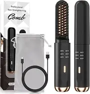 REHOYO Hair Straightener Brush, Hair Iron with Built-in Comb,Wireless Heated Beard Straightener Comb with Ionic Technology, 3 Temperature Settings, Anti-Scald, Portable for Home Travel,Hair Straightener That Reduces Styling Time (Black gold)