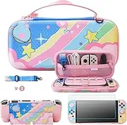 FUNDIARY Cute Carrying Case for Nintendo Switch OLED, Pink Travel Carry Bag for Kirby, Accessories with Protective Hard Shell, HD Screen Protector, Adjustable Shoulder Strap, 2 Kawaii Thumb Grip Caps