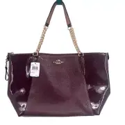 COACH Burgundy Ava Chain Pebbled/Patent Leather Tote Bag Purse Handbag NWT $475