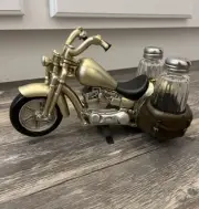 Black & Gold Motorcycle Salt & Pepper Shaker Set Holder Cruiser - NEW