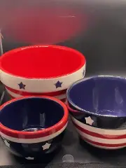Vintage Terramoto Ceramic Red White & Blue Patriotic 3 Piece Nesting Bowl Set
