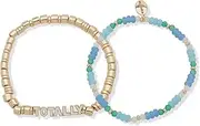 [Clueless] Boxed Gold Tone Blue Bead Set of 2 Stretch Totally Bracelets, One Size, Brass Glass Resin, no gemstone