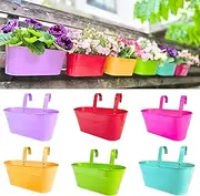 LaLaGreen Outdoor Hanging Planter (6 Pack, 11.2 Inch) Light Purple, Green, Yellow, Cadet Blue, Dark Pink, Red Metal Iron Window Box Flower Pot Deck Railings Balcony Fence Rail Porch Home Garden Decor