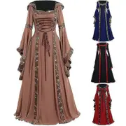 Medieval Dress Women Lace Up Long Sleeve Floor Length Halloween Costume Blue L