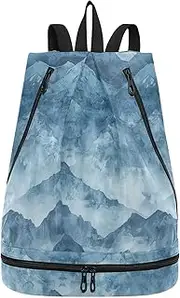 Watercolour Mountains Drawstring string bag beach small gym backpack with Wet Dry Compartments, Watercolour, Mountains, 1 size