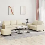 3 Piece Sofa Set with Cushions Cream Faux Leather, Sectional Sofas for Living Room, 2-Seater, 3-Seater, and Footstool, Sturdy Plywood and Metal Frame, Comfortable and Durable