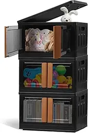 Foldable Storage Boxes with Lids, 3-Tier Stackable Storage Bins with Doors and Wheels for Home, Kitchen, Office (3 Packs)