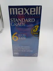 3 Pack Maxell VHS T-120 6 Hour Standard Grade VCR Blank Video Tapes New Sealed