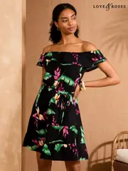 Love & Roses Black Tropical Petite Bardot Ruffle Mini Dress (AP7054) | $102