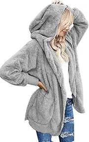 Yanekop Womens Fuzzy Fleece Open Front Hooded Cardigan Jackets Sherpa Outerwear Coats with Pockets