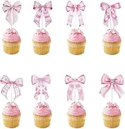24pcs Pink Bow Cupcake Toppers, Coquette Bow Cake Topper Cute Bowknot Cupcake Picks Birthday Decorations for Bachelorette Baby Shower Wedding Engagement Girl Party Decor