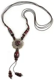 [Avalaya] Brown Red Ceramic Bead Tassel Necklace with Brown Cotton Cords/ 60cm-80cm L/Adjustable/ 13cm Tassel, ceramic