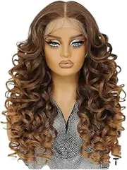 24inch Synthetic Lace Front Wig,13×6 Curly Pre Plucked HD Lace Glueless Wigs for Women Natural Daily Use(Brown dark blonde)