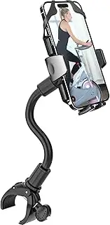 EXSHOW Indoor Bike Phone Mount, [Anti-Shake Tether] Gooseneck Cell Phone Holder for Spin Bike, Treadmill, Stationary, Adjustable Handlebar Clamp Mount for iPhone 16 15 14, Galaxy S24, More 4-7" Phone