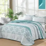 Boho Striped Quilt Set Queen Size, Bohemian Bedspread Queen 96"×90" Aqua