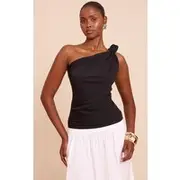Black Floaty Woven One Shoulder Knot Detail Top, Black