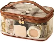 [Meiyuuo] Large Clear Makeup Bag Big Travel Cosmetic Bag On-the-go Toiletry Bag with Handle Transparent Toiletries Bags Pouch for Purse Orangizer for Daily Essentials, Brown