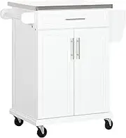 HOMCOM Kitchen Island on Wheels, Rolling Kitchen Cart with Stainless Steel Countertop, Drawer, Towel Rack and Spice Rack, Utility Storage Trolley, White