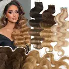 Russian Remy 100% Real Human Hair Extensions Seamless Tape In Skin Weft Ombré