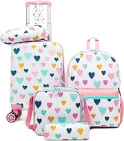 [Inprof] Kid’s Luggage Set 5 Piece Suitcase Set 16’’ Hardside Luggage with Spinner Wheels Girls Carry on Toddler Travel Rolling Suitcase Carry on Luggage Airline Approved, 05 White Love, 16 inch