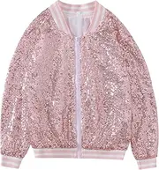 [Mowbeat] Girls Sequin Jacket Zipper Varsity Jacket for Kids Sparkly Sequin Coat Hoodies Long Sleeve Glitter Outerwear