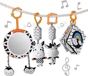 Baby Hanging Toys Gift Set Mirror Black and White Plush Rattles Rings and Crinkle Cloth Book for Pram Car Seat Activity Stroller Hanging Toy for 3 6 9 12 Months Newborn Boys Girls Kids (4 Pcs)