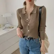 Collar Plain Ribbed Knit Top Camel - S