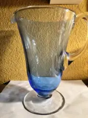 Vintage Blue Glass Water Iced Tea Lemonade Pitcher 8x3 Clear Handle